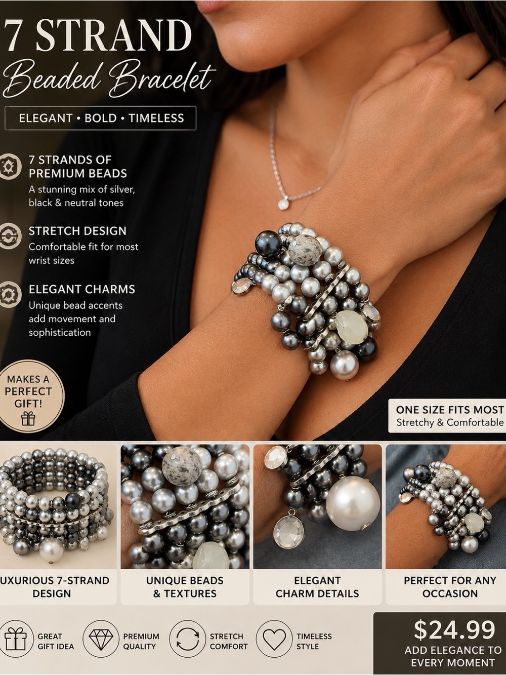 7-Strand Silver & Black Beaded Bracelet - Elegant Stretch Bracelet